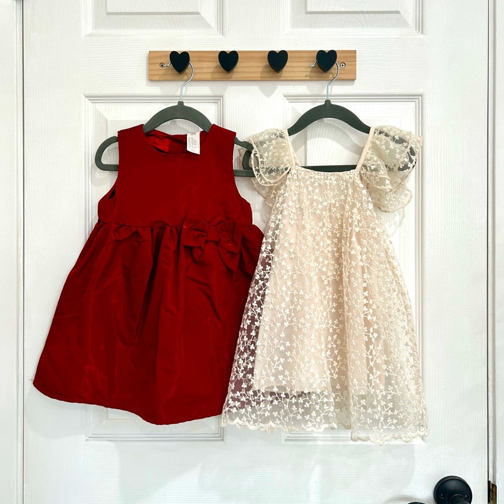 H&M Baby Girl Red Bow Party Dress, Cream Floral Lace Dress 12-18 mo size